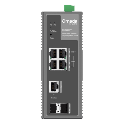 Switch Industrial Easy Managed / 6 Puertos Gigabit (4 PoE) / 120W PoE Budget / IP40 / -40°C a 75°C / 6kV Protección Rayos / Cloud Management Omada / DIN-Rail