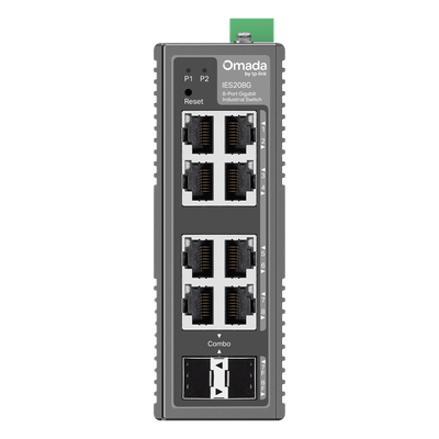 Switch Industrial Omada Easy Managed / 8 Puertos Gigabit (6× RJ45 + 2× RJ45/SFP Combo) / 16 Gbps Switching / -40°C a 75°C / Protección Rayos 6kV / Gestión Cloud / Montaje DIN Rail o Pared / IP40