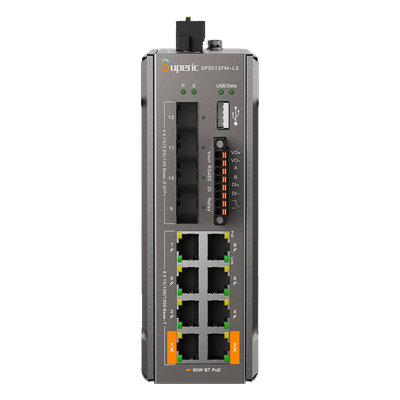 Switch de Red SP5012FM-L2 (V2) / 8 Puertos 10/100/1000Mbps PoE / 4 Puertos SFP 1000M/2.5G/10Gbps / Capacidad de Conmutación 96Gbps / Presupuesto PoE 240W / Alimentación Dual DC / Instalación DIN-rail, Pared o Escritorio / Certificaciones CE, FCC, RoHS,