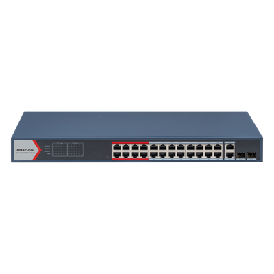 Switch PoE+ Administrable / 24 Puertos 10/100 Mbps PoE+ / 2 Puertos Gigabit Combo / 370 W / Modo Extendido 300 m / Hik-Partner Pro / 6 kV Protección