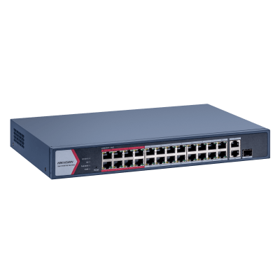 Switch Gigabit PoE+ / Monitoreable / 24 Puertos 1000 Mbps PoE+ / 1 Puerto 1000 Mbps de Uplink / 1 Puerto SFP /  Configuración Nube desde Hik-PartnerPro / Modo Extendido hasta 300 Metros / 230 Watts
