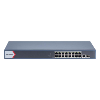 Switch Gigabit PoE+ / Administrable / 16 Puertos 1000 Mbps PoE+ / 1 Puerto 1000 Mbps de Uplink / 1 Puerto SFP /  Configuración Nube desde Hik-Partner Pro / Modo Extendido hasta 300 Metros / 230 Watts