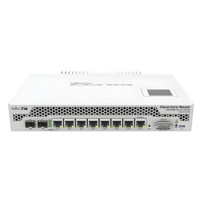 Cloud Core Router, CPU 9 Núcleos,7 Puertos Gigabit, 1 Combo TP/SFP, 1 puerto SFP+, 2 GB memoria y enfriamiento pasivo