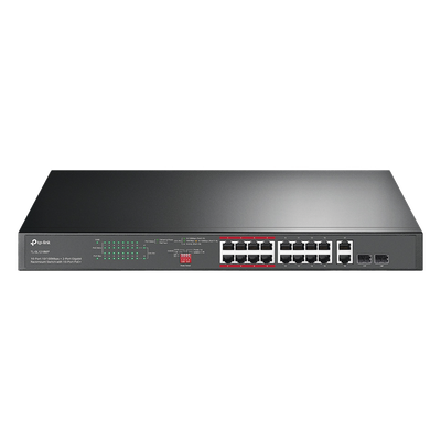 Switch PoE+ No Administrable de 16 puertos 10/100 Mbps / 2 puertos 10/100/1000 Mbps en Combo con 2 Puertos SFP / Presuuesto PoE 250 W / Extensor PoE de hasta 250 metros