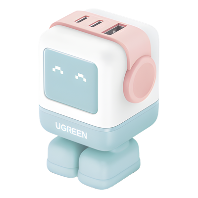 Cargador RobotGaN de 65W Serie UNO | 3 Puertos de Carga Rápida | 2 USB-C | 1 USB-A | PD 3.0 | QC 4.0 | Carga Inteligente | Tecnología GaN II | Zapato Magnético Extraíble | Carcasa Ignifuga | Pantalla LED. 