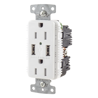 Contacto Dúplex con 2 Puertos USB, 15A 125V, 2 Polos, 3 Hilos, Color Blanco. 