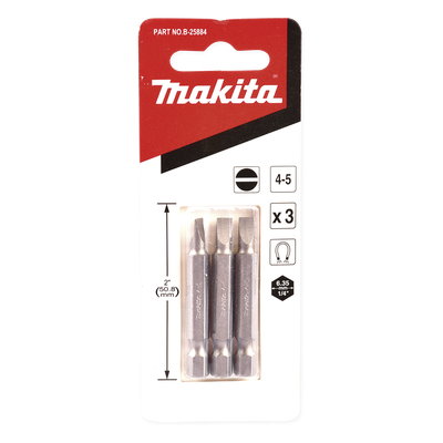 Punta plana para atornillar de 4-5 x 50 mm forma “E”, zanco tipo hexagonal de 1/4" con punta magnética, blíster con 3 piezas.
