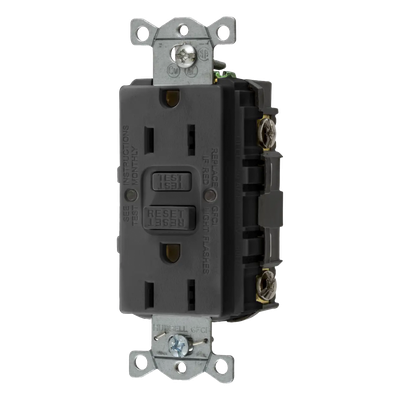 Contacto de Auto-verificación GFCI con Interruptor de Falla a Tierra de 15 A 125 V 2 Polos, 3 Hilos Color Negro (Nema 5-15R), Grado Comercial.
