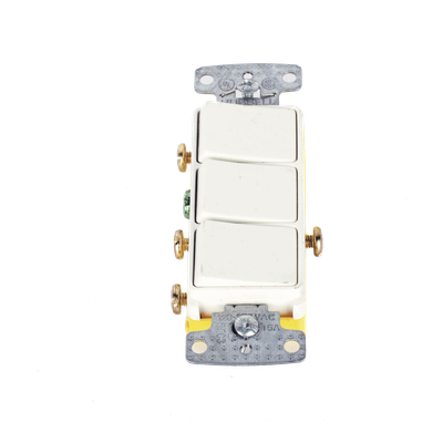 Interruptor Residencial 15 A 120 V, con 3 Bases Unipolares, Cableado lateral, Color Blanco.