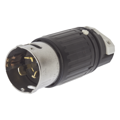 Enchufe Macho con Bloqueo de Media Vuelta Trifásico / 50 A 250 VCA 3 Fases / 3 Polos 4 Hilos / Grado Industrial / Color Negro y Blanco.