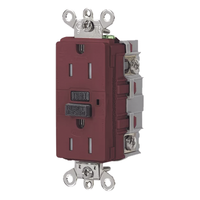 Contacto de Auto-verificación GFCI de 15 A 125 V 2 Polos/  Resistente a Manipulaciones y Intemperie / Color Rojo / Nema 5-15R / Grado Industrial.