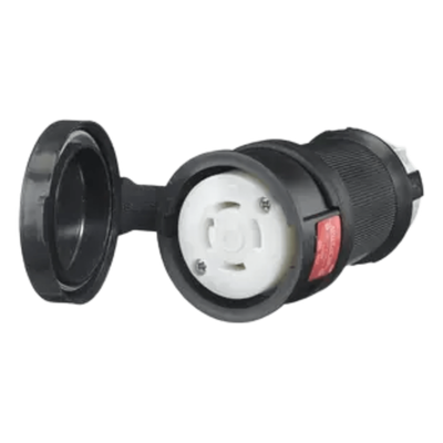 Conector Hembra con Bloqueo de Media Vuelta / 30 A 480 V CA / 3 Polos Trifásico / NEMA L16-30R / Terminal de Tornillo / Cubierta Hermética Negra / Color Blanco y Negro.