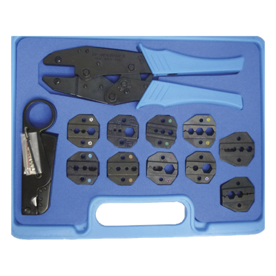 Kit en Estuche de Plástico con 10 Muelas para Instalar Conectores en Cables Coaxiales, Pinzas RFA-4005-20 y Desforradoras de Cable.