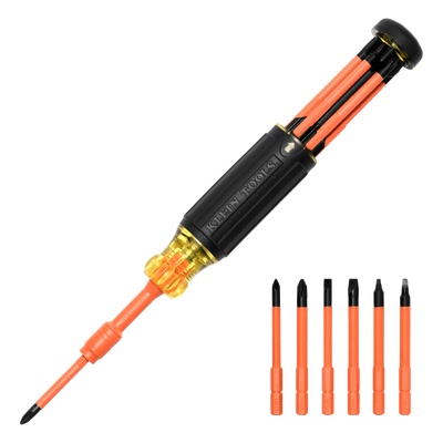 Destornillador Aislado 6-en-1 Auto-Lock / Aislado 1000V CAT III / Almohadilla de agarre / Almacenamiento de brocas integrado / Bits Philips #1 #2 / Slotted 3/16" 1/4" / Square #1 #2