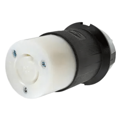 Conector Industrial con Bloqueo de Media Vuelta / 20 A 250 V CA / 2 Polos 3 Hilos / Color Blanco y Negro / Nema L6-20R. 