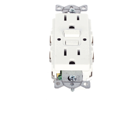 Contacto de Auto-verificación GFCI con Interruptor de Falla a Tierra de 15 A 125 V 2 Polos, 3 Hilos Color Blanco (Nema 5-15R), Grado Comercial.