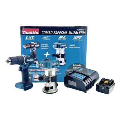 kit de Rotomartilló DHP487 +Fresadora Multifuncional DRT50, Incluye 1 Cargador Rápido DC18SD y 1 Batería li-Ion de 5.0 Ah Modelo BL1850B.