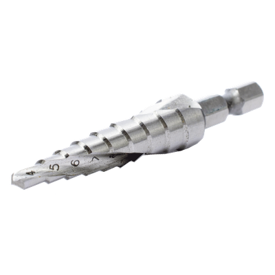 Broca escalonada espiral de hss 4-12 mm, zanco de 1/4" hexagonal, blister con una pieza.
