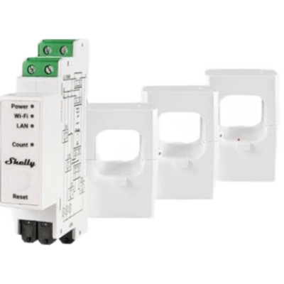Medidor de Energía Trifásico / 400 A / Montaje Riel DIN / Wi-Fi + LAN + Bluetooth / Almacenamiento 60 Días / MQTT / Shelly Pro