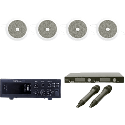 KIT Ideal para Salas de Conferencias | Amplificador de 120W EPB120E | 2 Micrófonos Inalámbricos SF521UH | 4 Altavoces de Plafón de 4" SF104GD