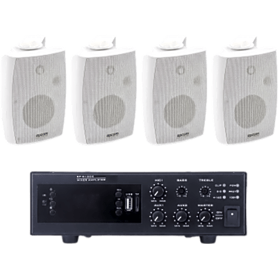 KIT de Amplificador de 120W para Escritorio | 4 Altavoces de Pared color Blanco 2.5W - 20W | Sistema 70/100V