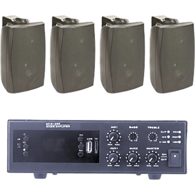 KIT de Amplificador de 120W para Escritorio | 4 Altavoces de Pared color Negro 2.5W - 20W | Sistema 70/100V