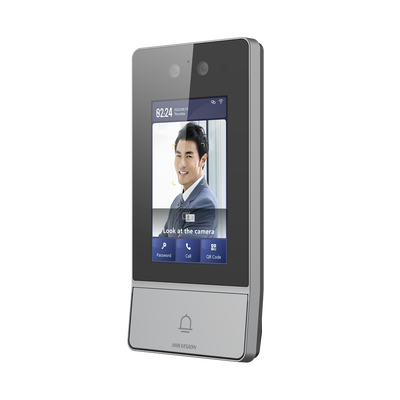 Videoportero IP 2 Megapixel / Llamada y Apertura Remota desde App Hik-Connect / Reconocimiento Facial / Panel touch 4.3"/ Exterior IP65 + Antivandalico IK08 / Botón mecanico de llamada / PoE / 1 Departamento / Apertura con Tarjeta, Codigo PIN 