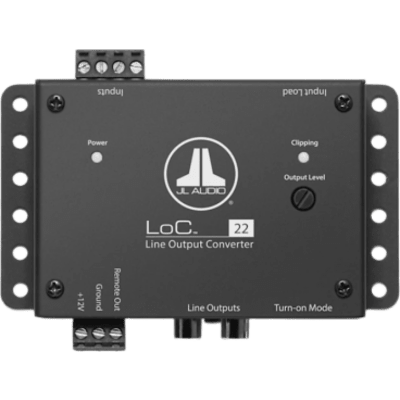 Convertidor de Salida de Línea de Vehículo JL Audio LoC-22 / 2 Canales de Entrada / 2 Canales de Salida / Alimentación 9-16 V CC / Salida Máxima 8 V RMS / Relación S/N 118 dB / Respuesta de Frecuencia 3 Hz-32 kHz / Fusib