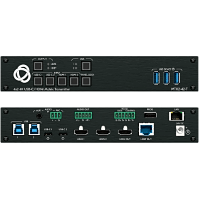 Transmisor Matricial Integrado | 2 Entradas USB-C y 2 HDMI/USB | Salidas HDMI y HDBaseT | USB 2.0 sobre HDBT | DSP de Audio Integrado | HDCP 2.2 | 4K60 18 Gbps | Carga USB-C hasta 60 W | Extensión hasta 70 m (230 ft) | Montaje Bajo Mesa o Podio