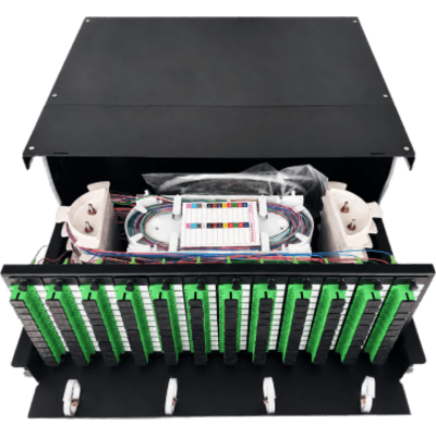 Distribuidor de Fibra Óptica (ODF) para 144 Empalmes, con 144 Acopladores SC/APC y 144 Pigtails SC/APC, para Rack de 19, 4 UR