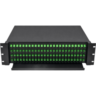 Distribuidor de Fibra Óptica (ODF) para 144 Empalmes, con 144 Acopladores SC/APC y 144 Pigtails SC/APC, para Rack de 19, 4 UR