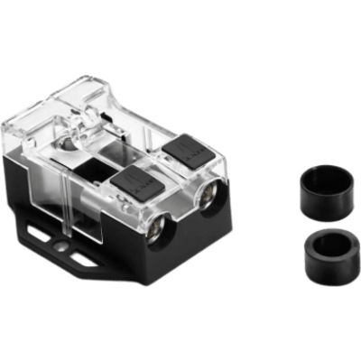 Bloque de Distribución de Fusibles MAXI / 2 Vías / Entrada Cable 1/0 a 4 AWG / Salidas 2 Cables 4 a 8 AWG / Terminales OmniSert / Latón Forjado y Maquinado / Recubrimiento Estañado Grado Marino / Base y Cubierta Policarbonato A