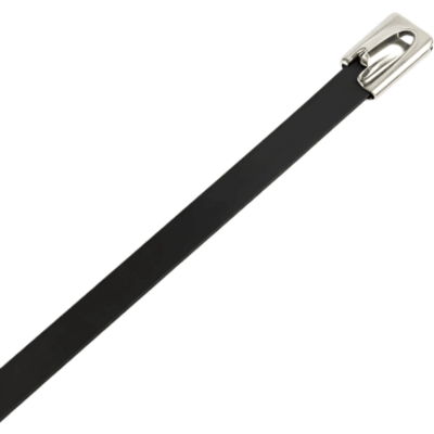 Cinchos de Acero Inoxidable 304 con Recubrimiento Plástico / Cierre de Bola Autoblocante para Uso Rudo e Industrial / Color Negro / 4.6 × 300 mm / Paquete con 100 Piezas